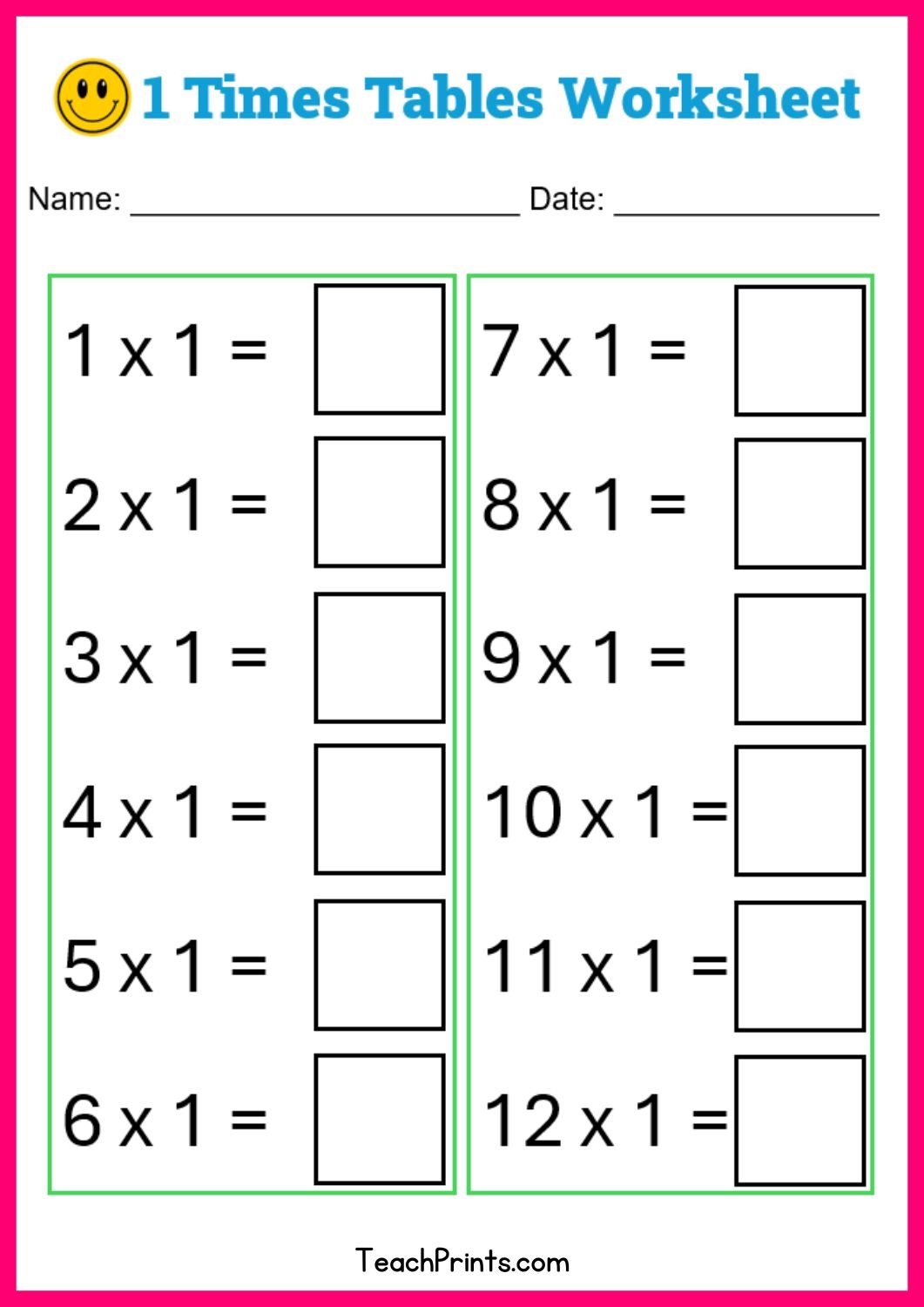 Free One Times Tables Worksheets Teach Prints Free One Times Tables Worksheets Teach Prints