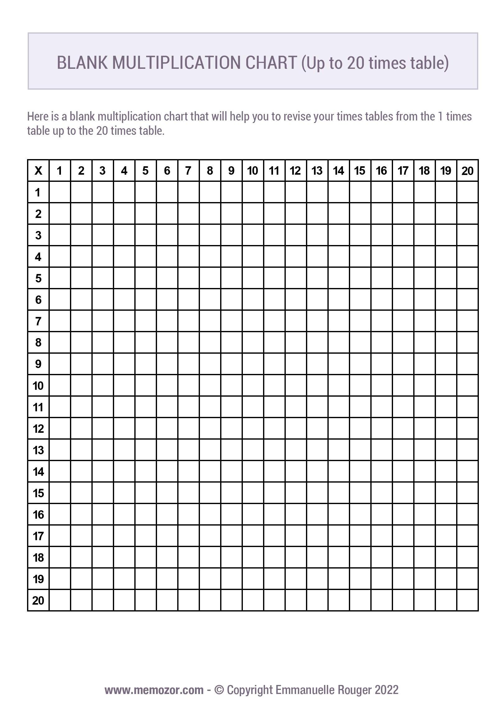 Printable Blank Multiplication Chart Black U0026 White 1 20 Free Memozor Printable Blank Multiplication Chart Black U0026 White 1 20 Free Memozor