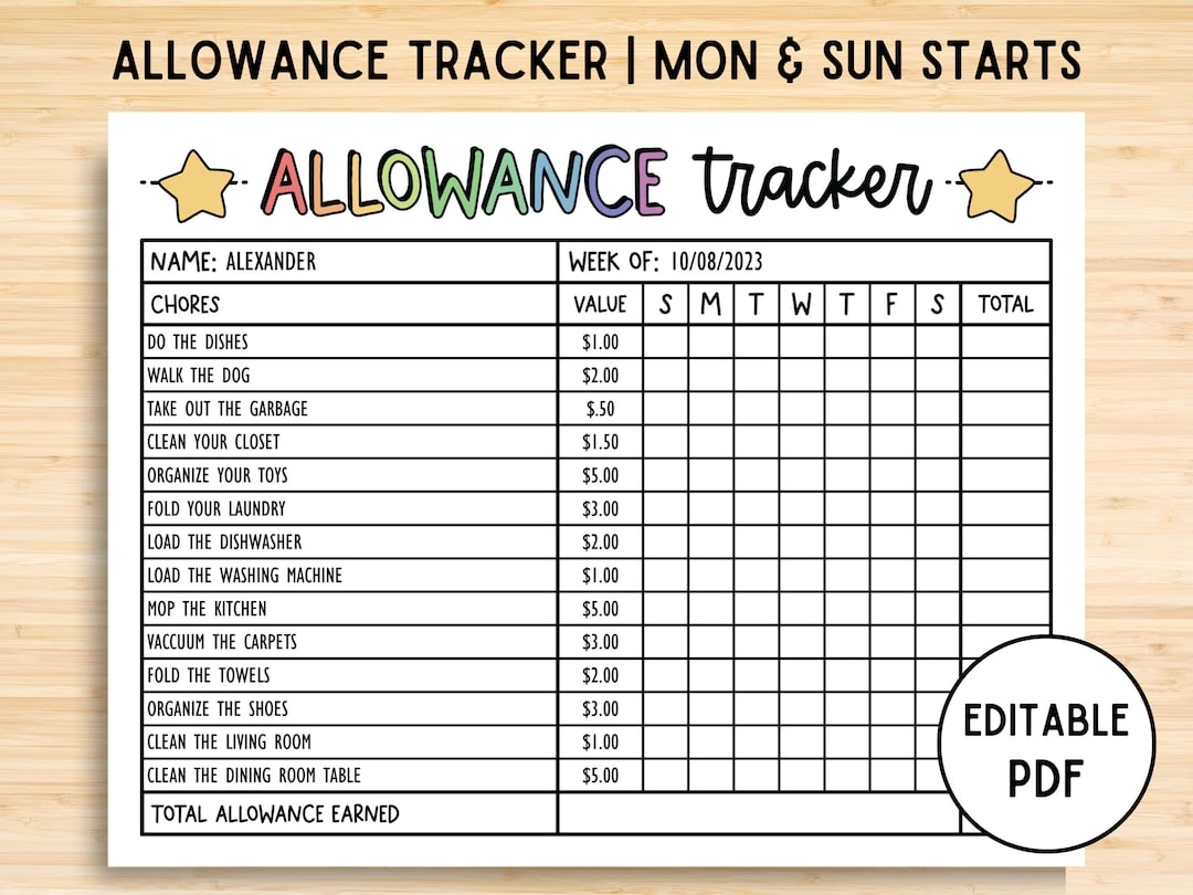 Allowance Tracker Weekly Allowance Chore Chart Editable Allowance Chart For Kids Earn Money Chart Money Reward Chart Printable PDF Etsy