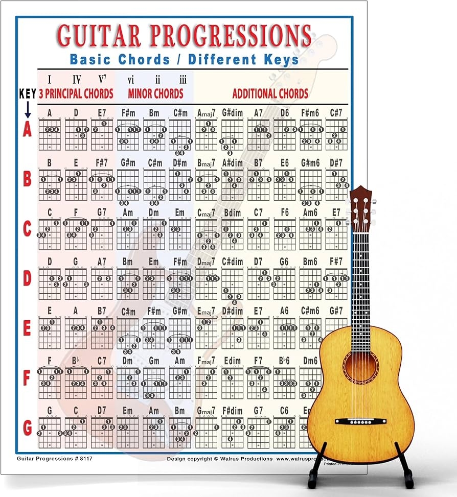 Amazon Walrus Productions Mini Guitar Chord Chart Poster Laminated Guitar Progressions Chord Poster For Beginners And Musicians Guitar Chord Trainer Acoustic Guitar Accessories 8 5 X 11 
