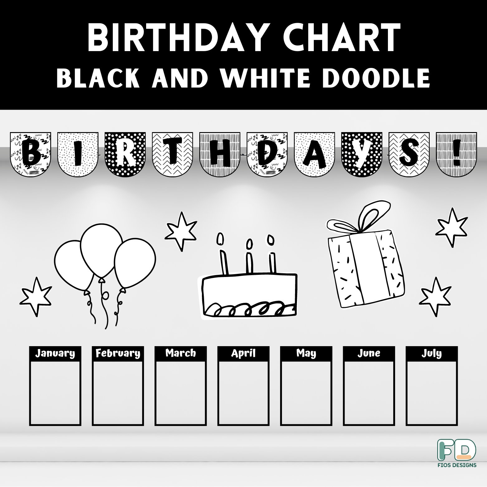 Black And White Doodle Birthday Chart Printable Easy Classroom Decoration Etsy