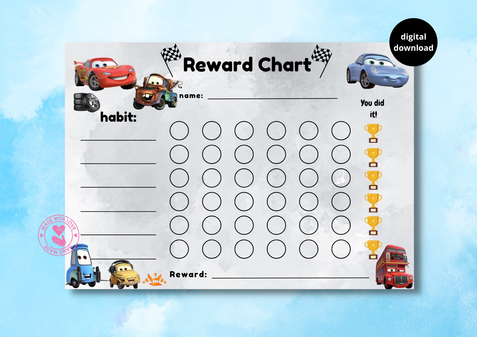 Cars Movie Reward Chart Lightning Mcqueen Mater Behaviour Chart Habit Tracker Printable Download Digital A4 Etsy