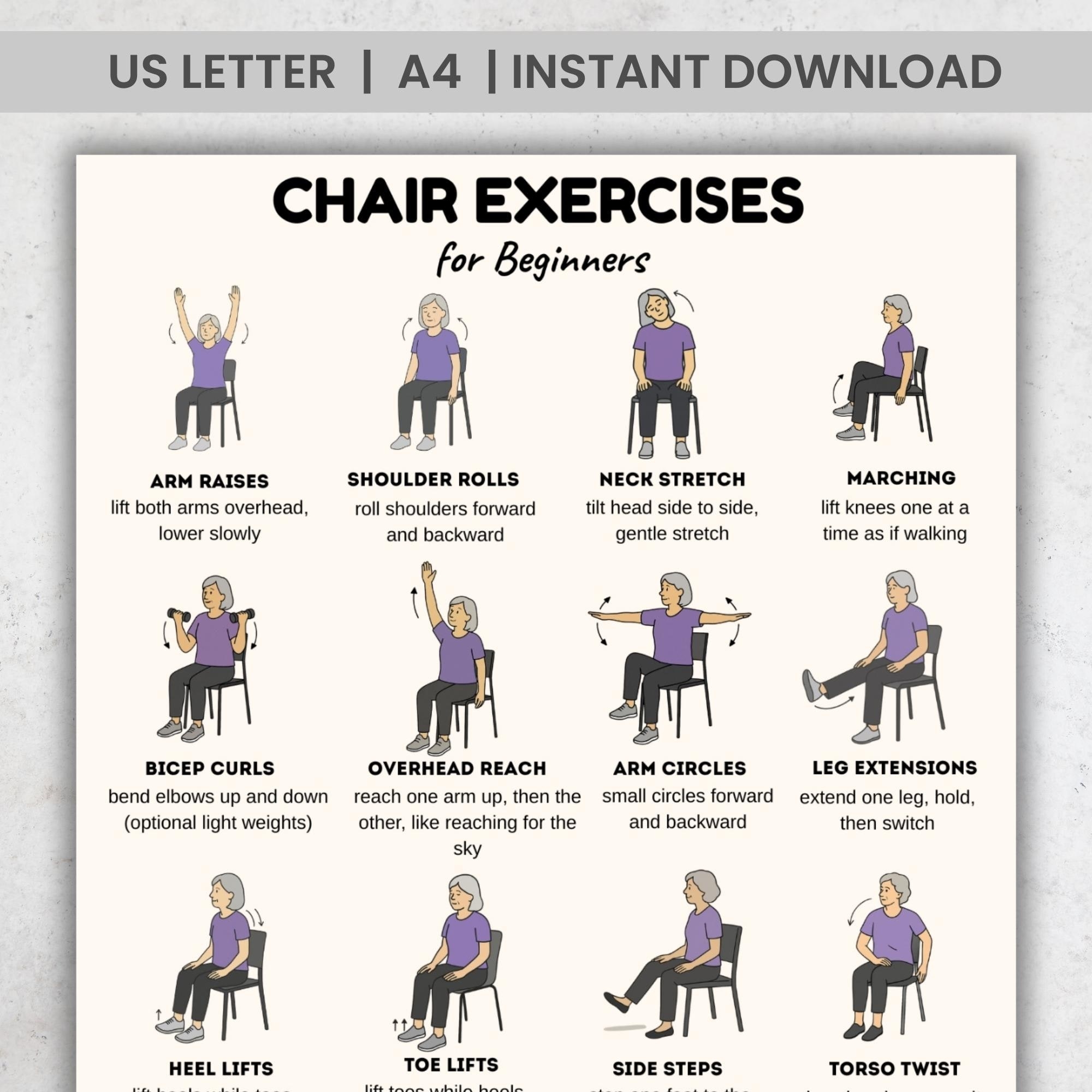 Chair Exercises For Beginners 16 Moves Seated Exercise Plan PDF Printable Chair Workout Chart Easy Chair Exercise Routine Etsy