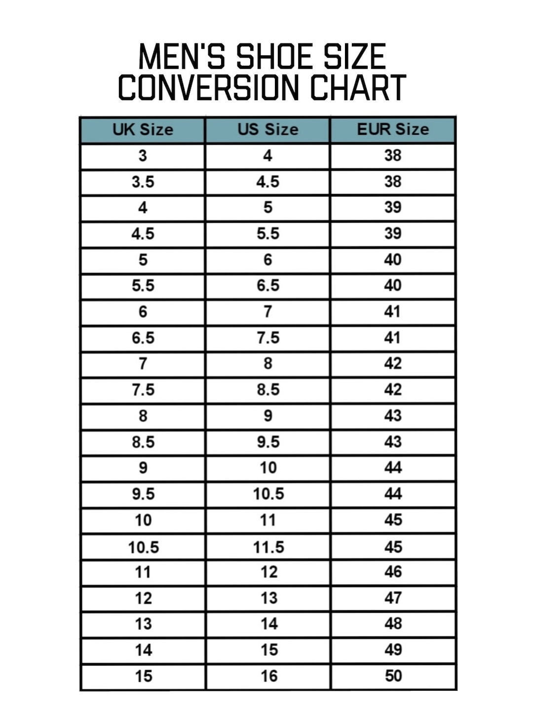 Printable Men's Foot Size Chart