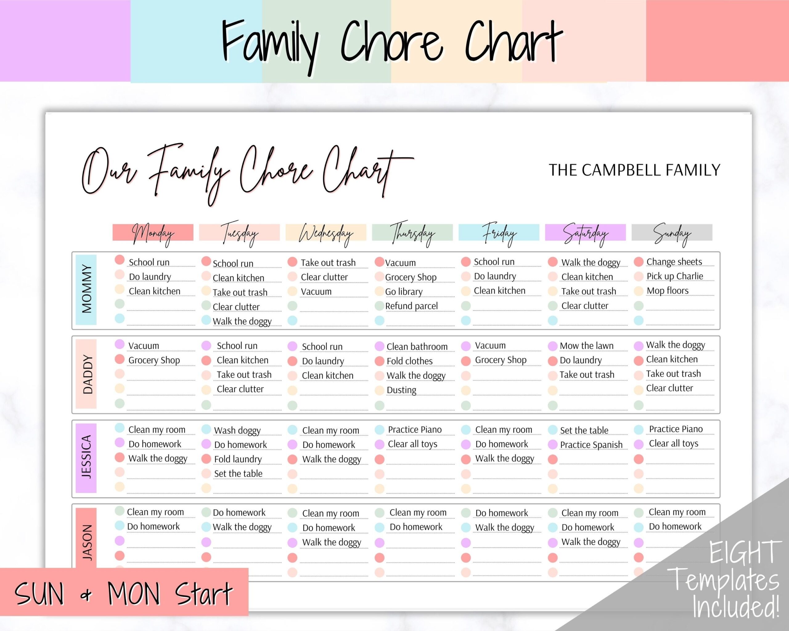 Colorful Family Chore Chart Editable Family Planner Printable Weekly Family Schedule Family Calendar Command Center Household Kid Adult Etsy UK