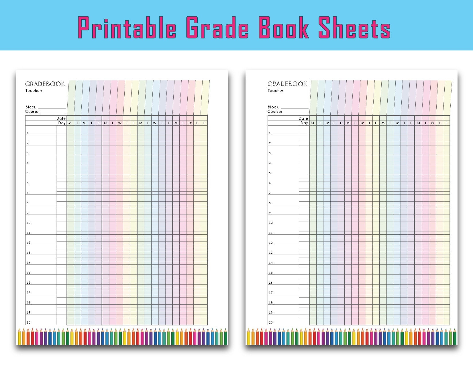 Colorful Teacher Grade Sheet Printable Grade Log Teacher Gradebook Full Page 3 Options Instant Download Etsy