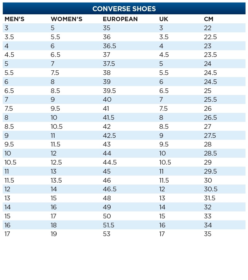 Converse Printable Size Chart