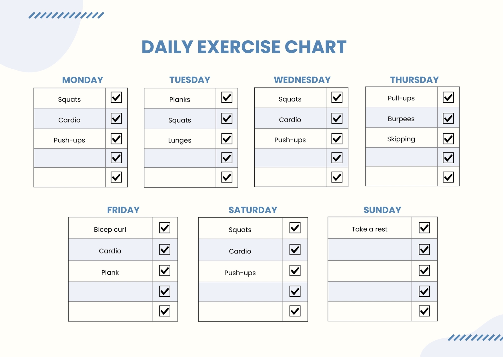 Daily Exercise Chart In Illustrator PDF Download Template