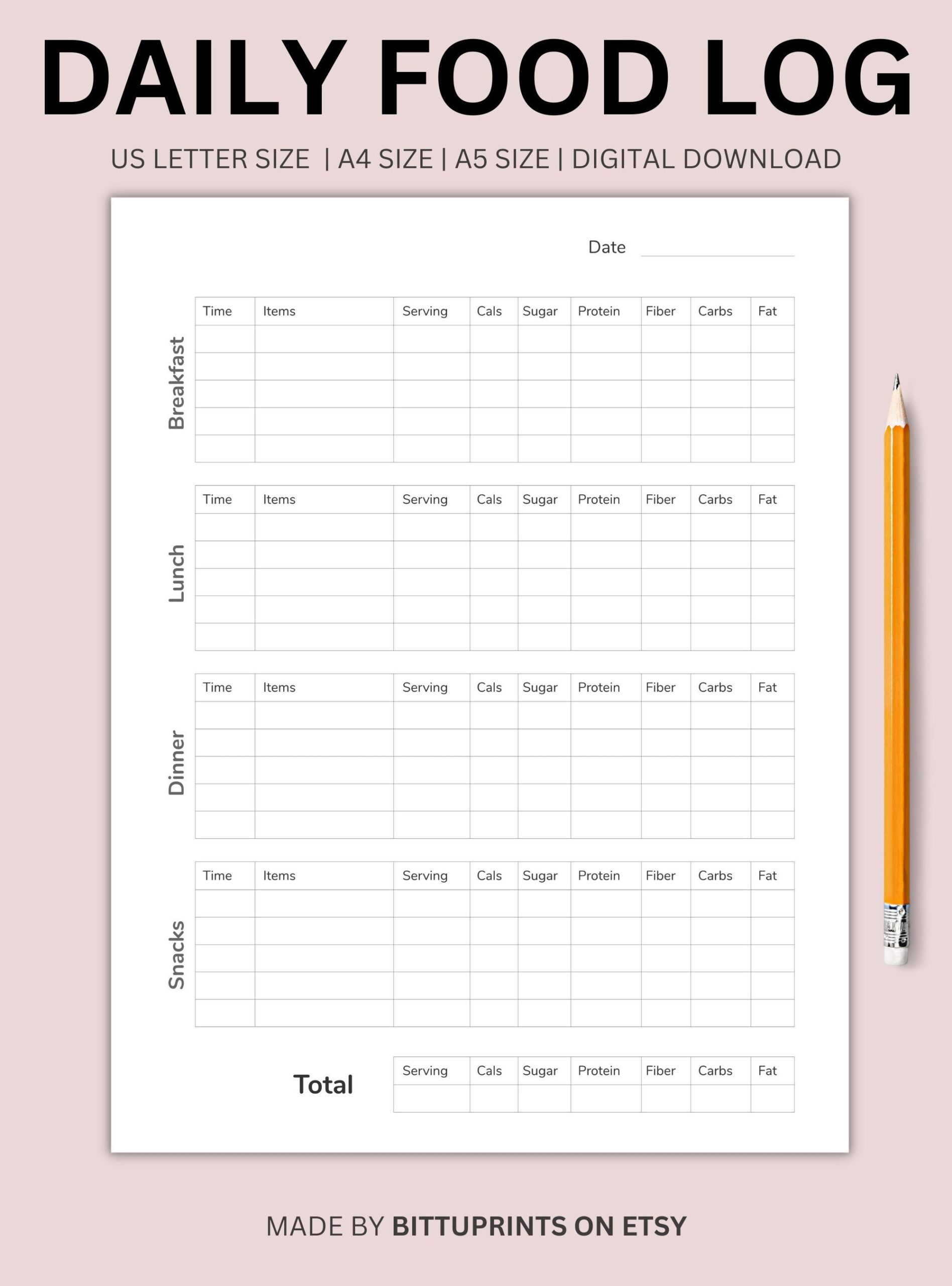 Daily Food Log Journal Printable Editable PDF Calorie Tracker Instant Download Etsy