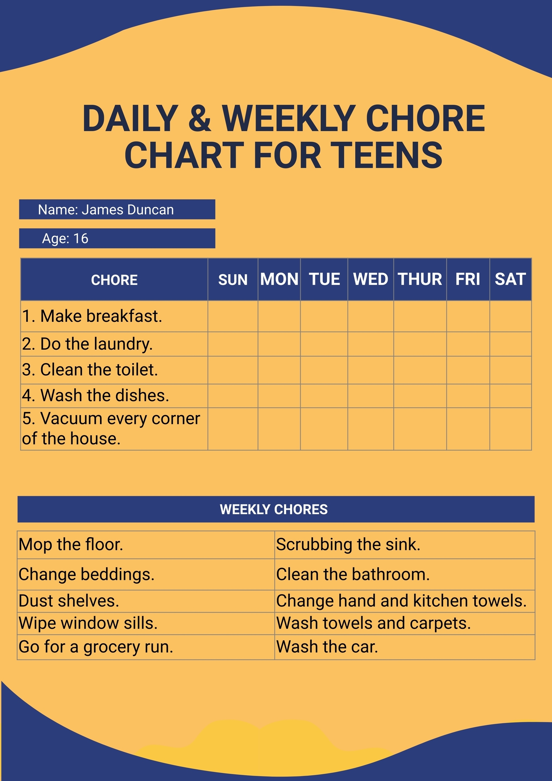 Printable Allowance Chore Chart For Teenager
