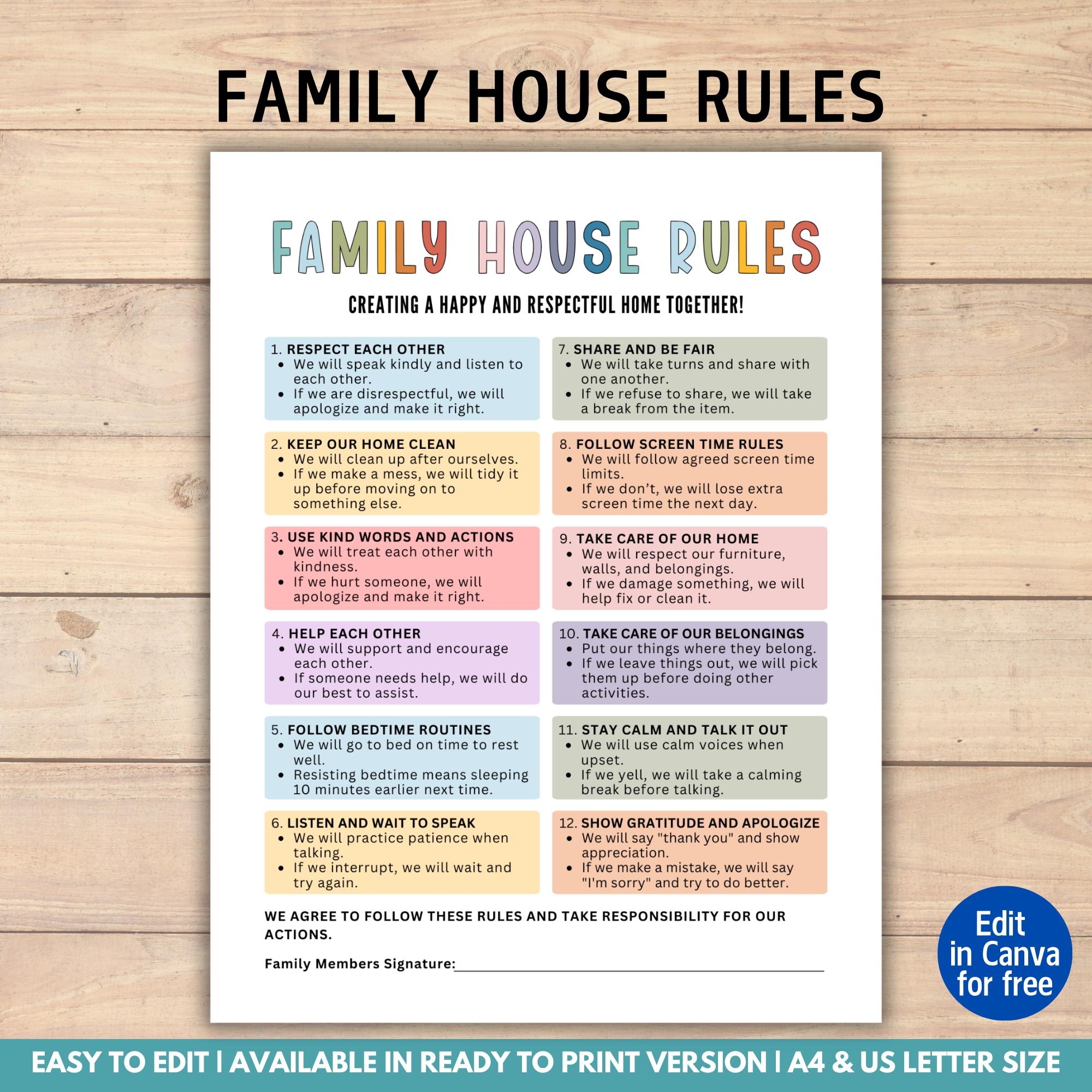 Editable Family House Rules Chart Family Household Rules Chart Family Rules And Values Family Behavior Management Responsibility Chart Etsy
