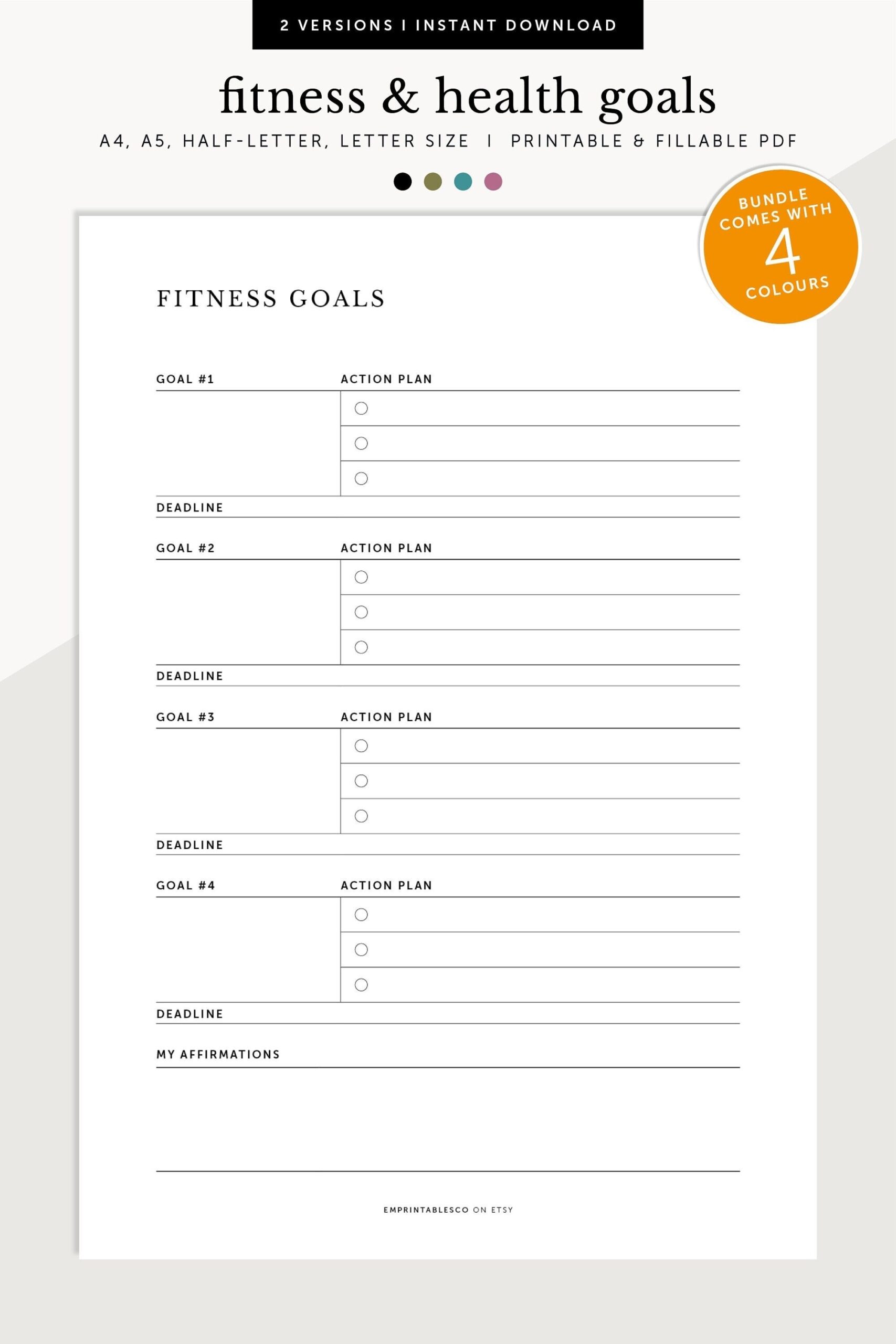 Fitness Goal Health Goal Tracker Fitness Planner Goal setting Tracker Fillable Printable Planner Inserts A4 a5 letter half Size Etsy
