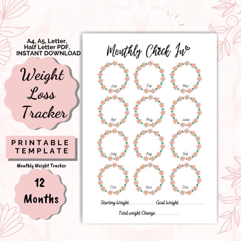 Floral 12 month Weight Loss Tracker Motivational Chart printable PDF Etsy