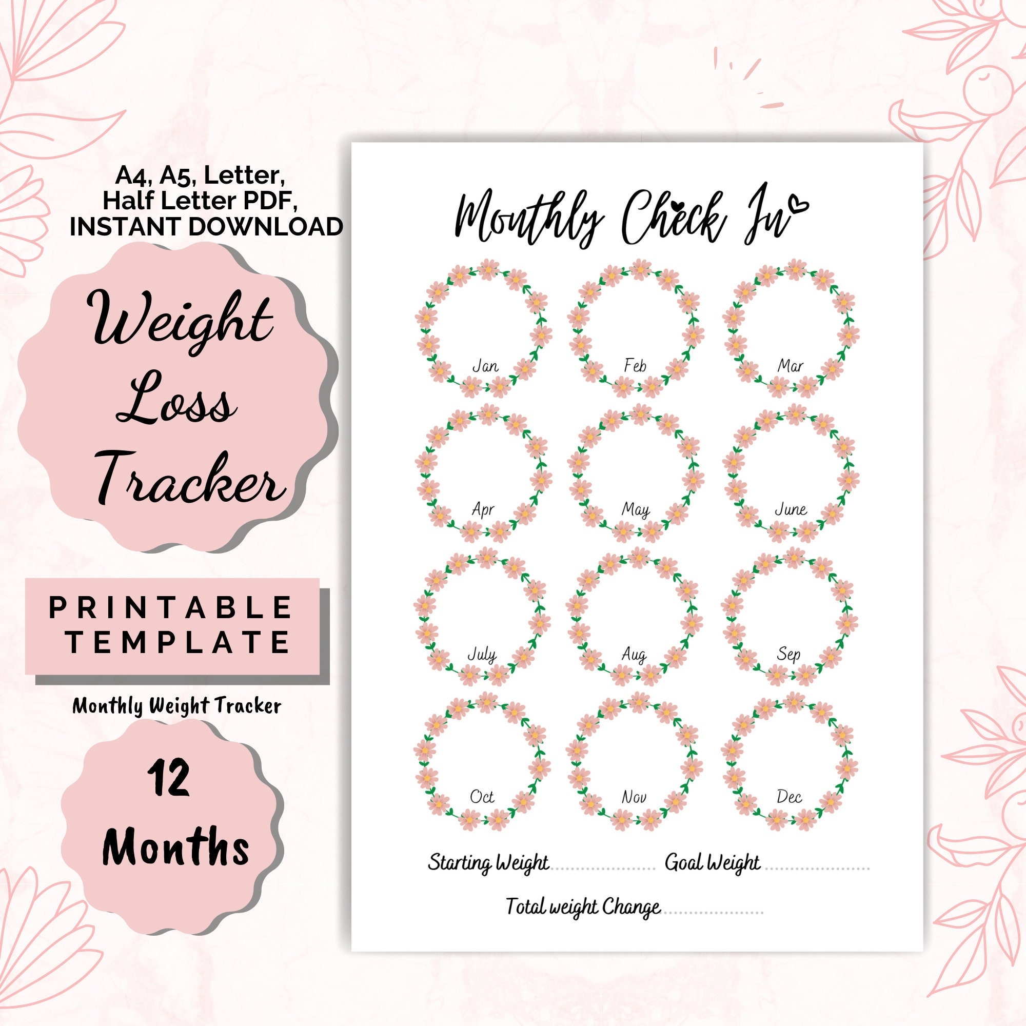 Floral 12 month Weight Loss Tracker Motivational Chart printable PDF Etsy
