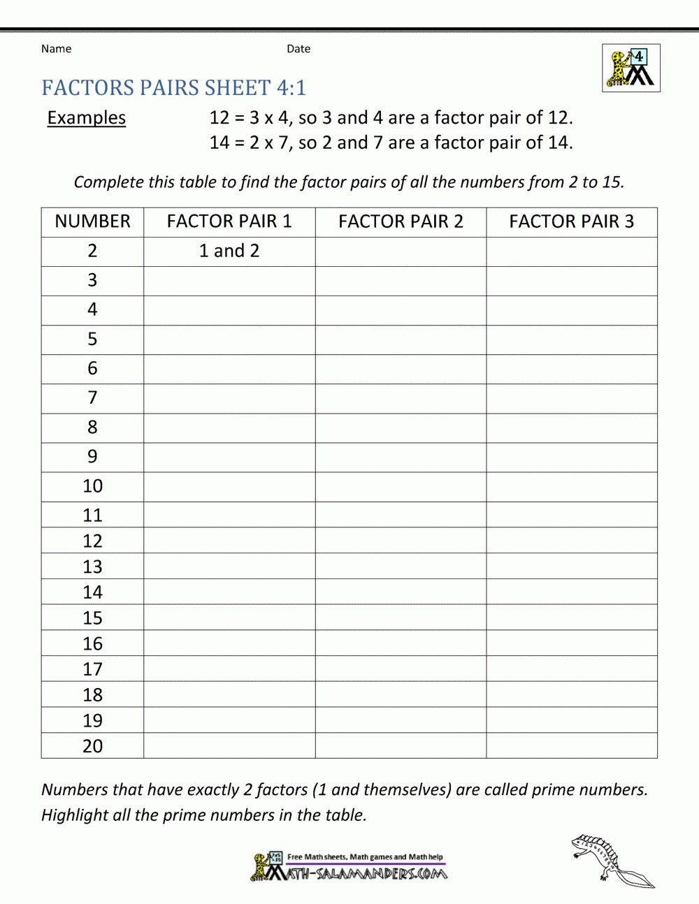 Free Printable Factor Chart