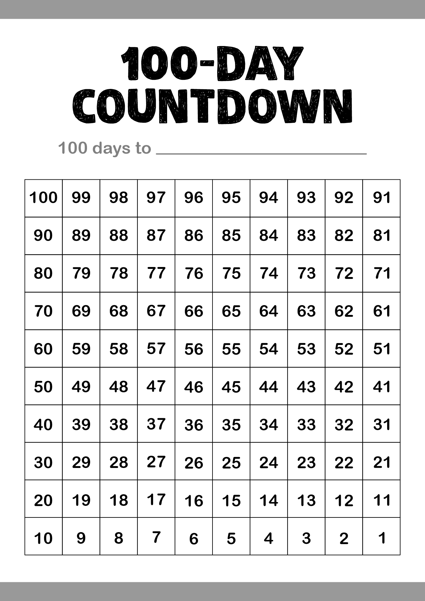 Printable Reverse Hundred Chart