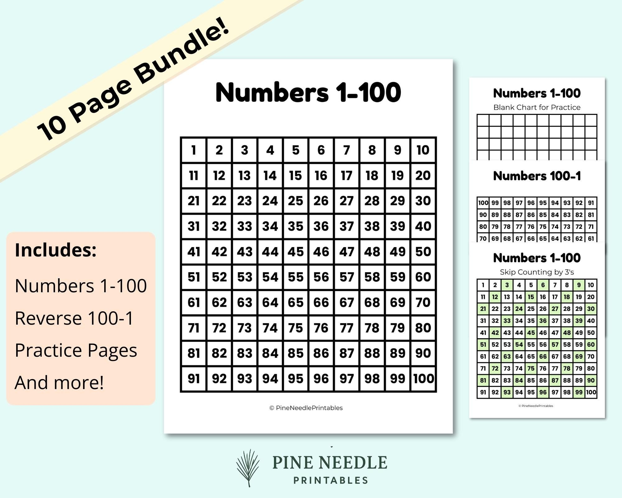 Hundreds Chart Printable Bundle Numbers 1 100 Reverse 100 1 Blank Fill in Skip Counting Math Worksheets PDF For Classroom Homeschool Etsy