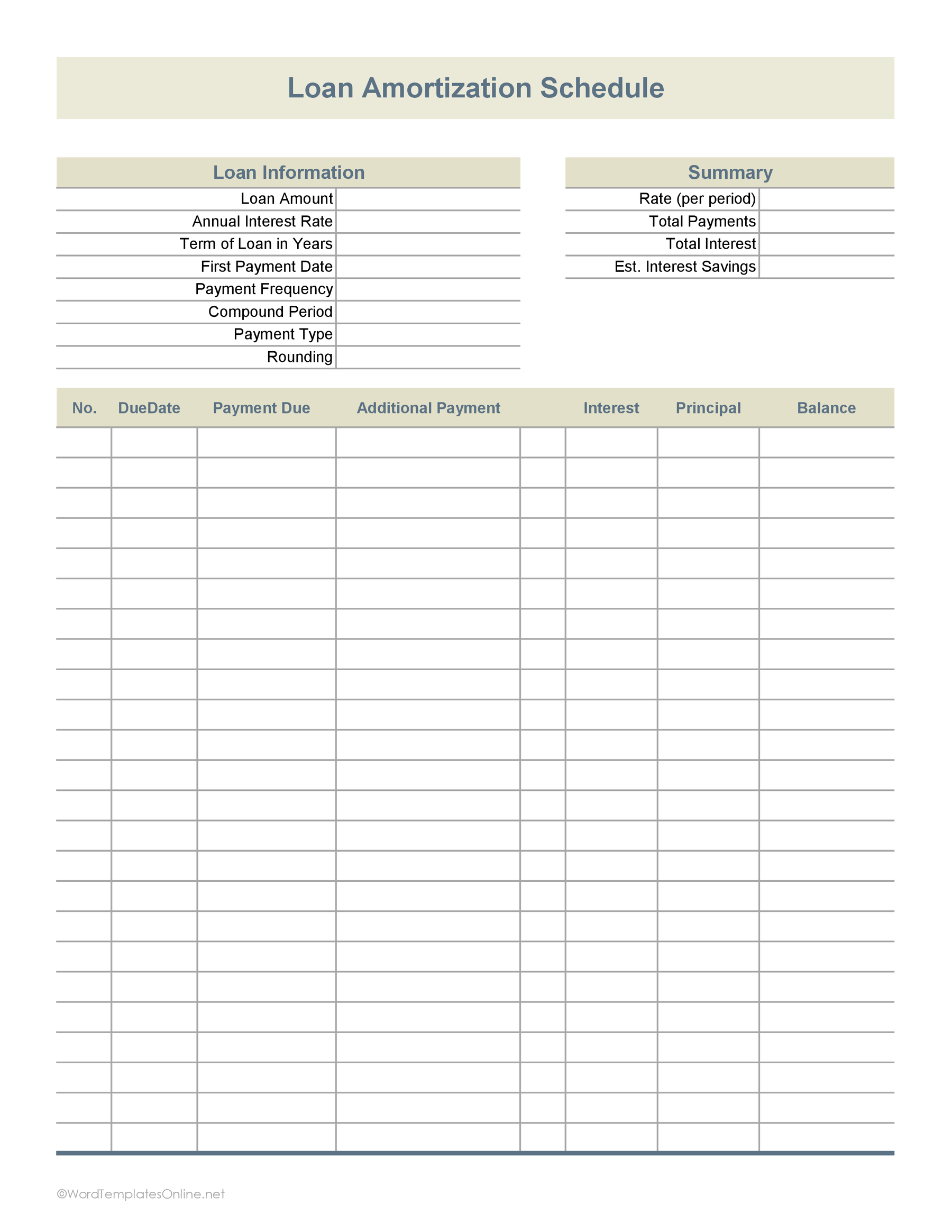 Printable Amortization Table Chart