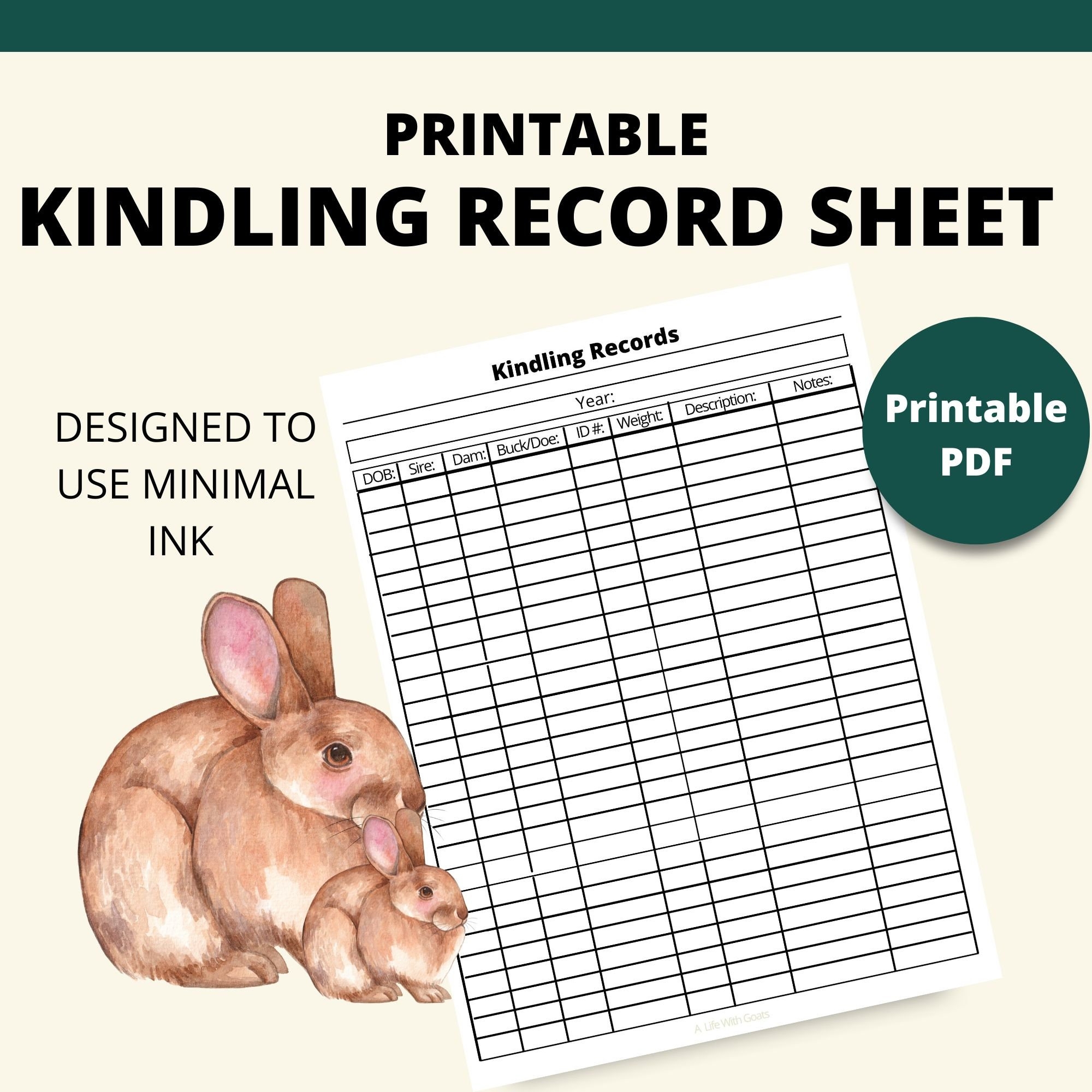 Minimal Ink Printable Rabbit Kindling Records Page Instant Download 8 5x11 PDF Homestead Rabbit Kit Tracker Sheet Rabbit Breeding Etsy
