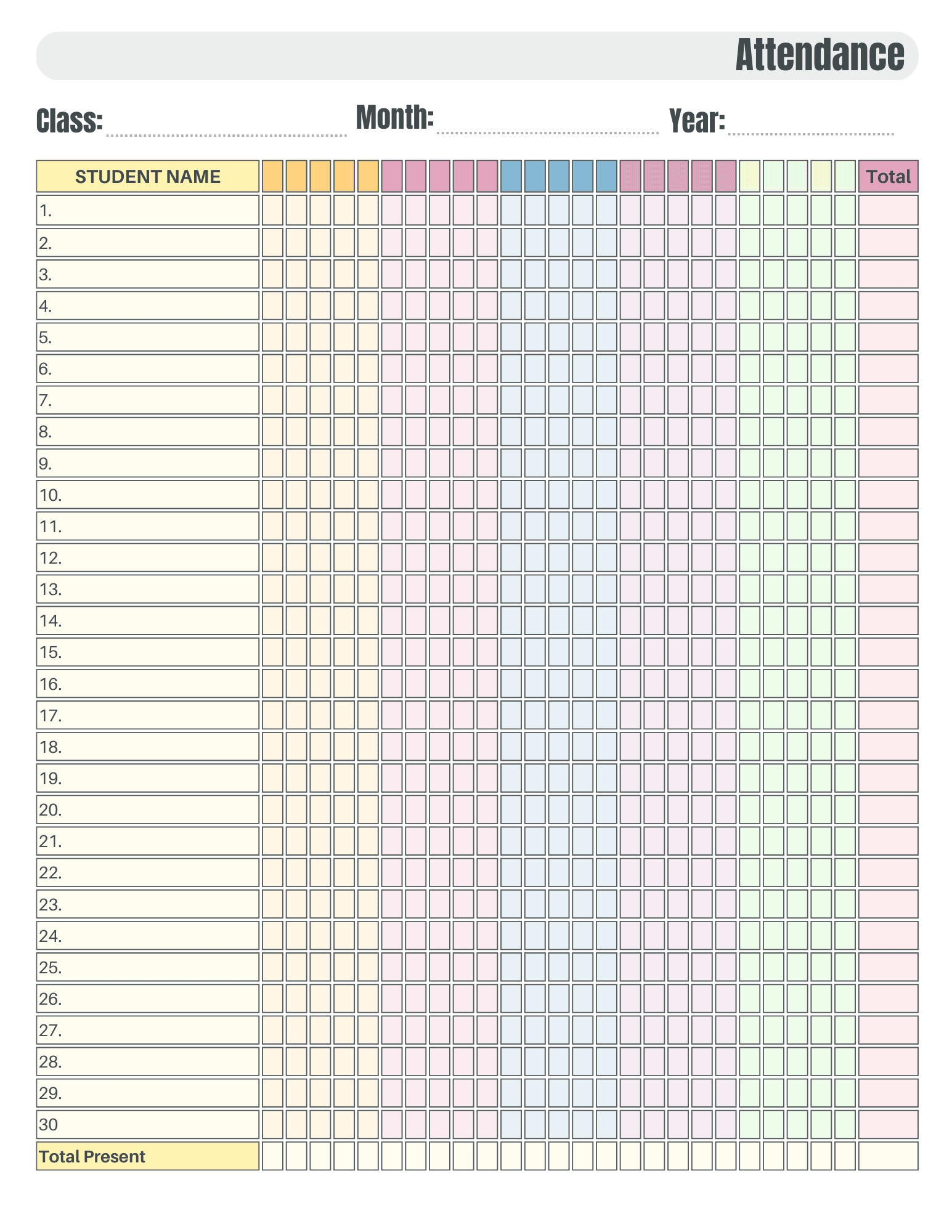 Printable Classroom Attendance Chart