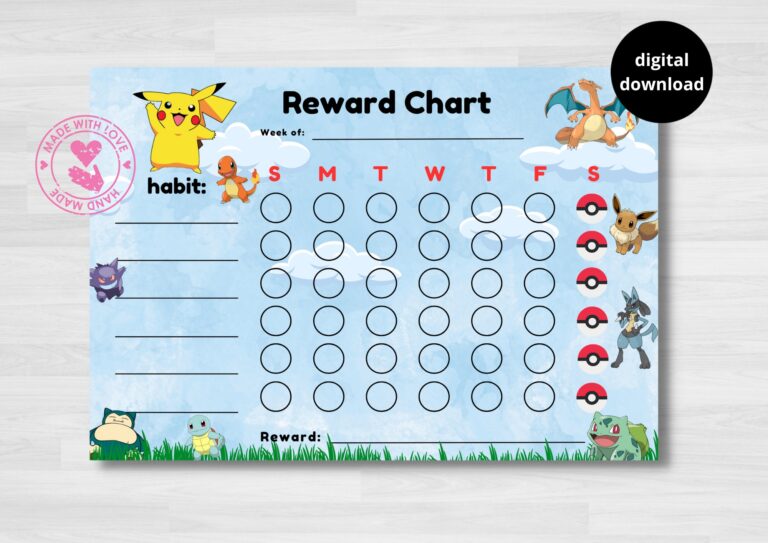 Pok mon Reward Chart For Kids Habit Tracker Pokemon Pikachu Snorlax Charizard Self Help Digital Download Printable Etsy