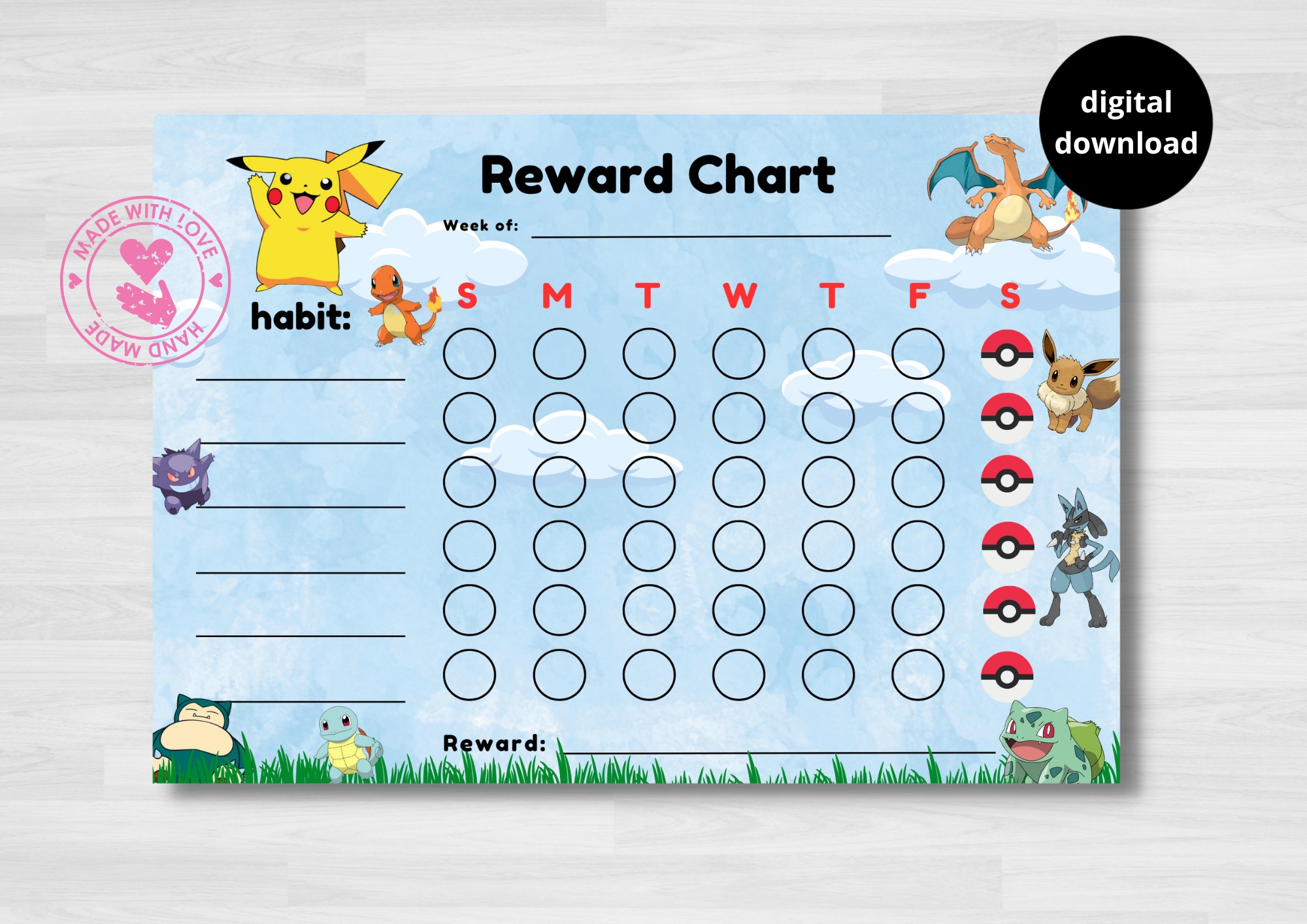 Pok mon Reward Chart For Kids Habit Tracker Pokemon Pikachu Snorlax Charizard Self Help Digital Download Printable Etsy