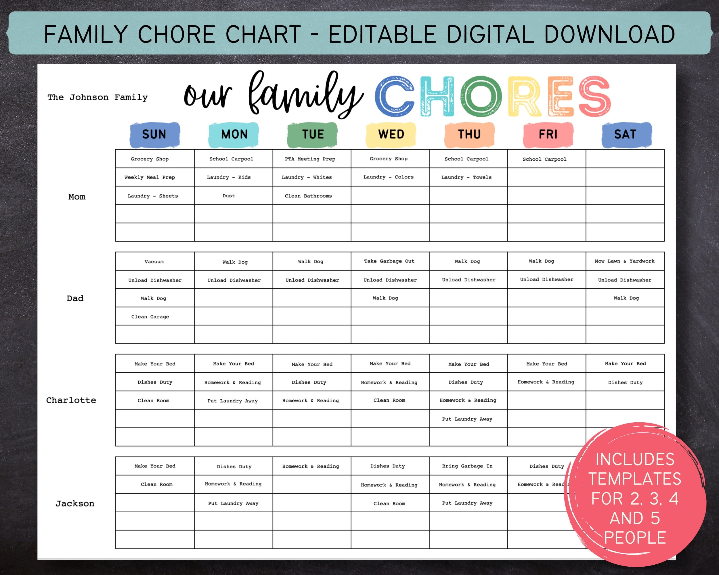Printable Editable Weekly Family Chore Chart Family Planner Weekly Household Calendar Family Routine Chart Kids Chore 612MD Etsy