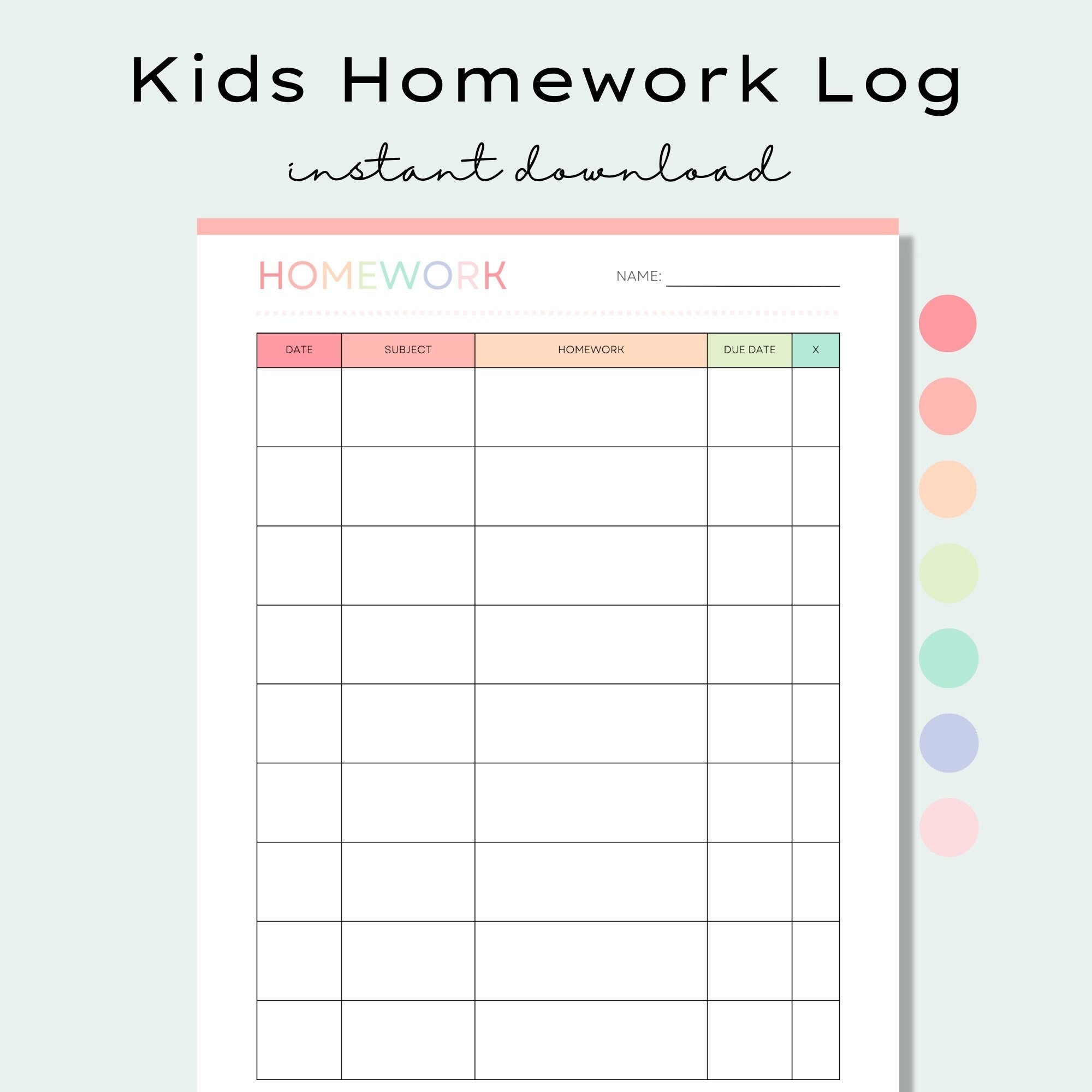 Printable Homework Chart Etsy