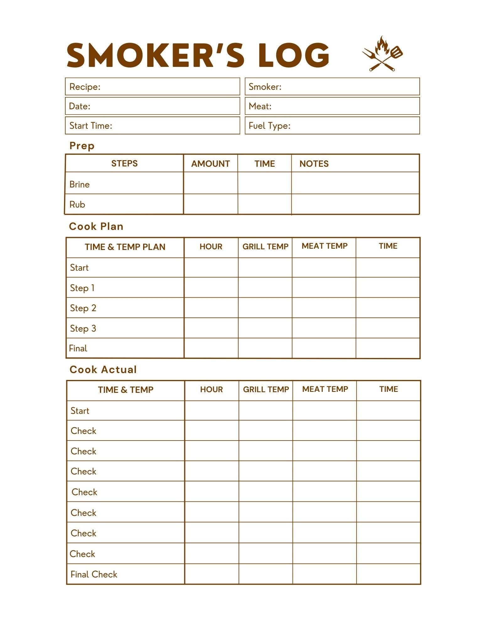 Printable Meat Smoking Log BBQ Tracker For Temps Timelines And Results Etsy