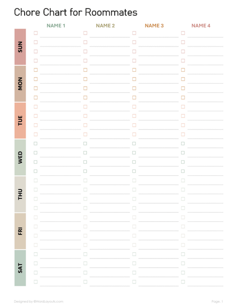 Printable Roommate Chore Chart Template WordLayouts