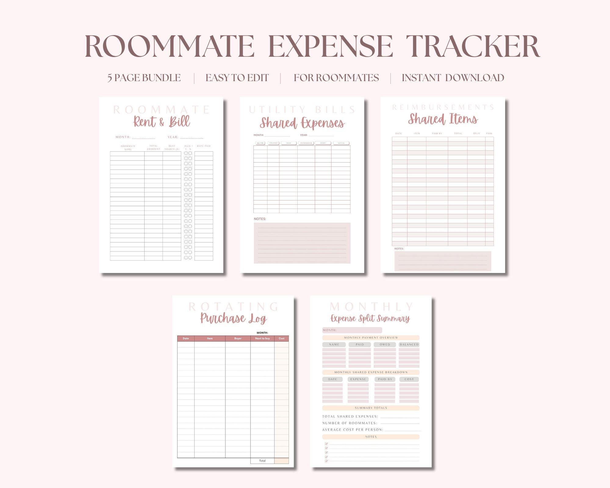 Roommate Expense Bill Tracker Printable Rent Split Utilities Shared Items PDF Budget Sheet Etsy Canada