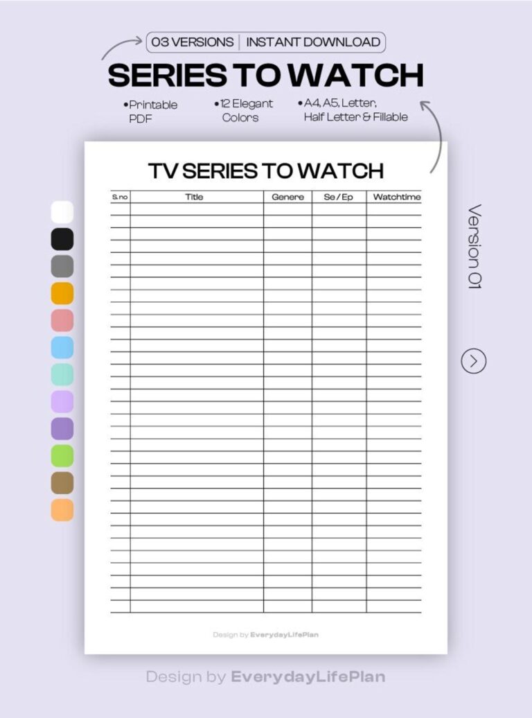 Series To Watch Printable PDF TV Show Tracker Planner Page Fillable Watchlist Sheet A4 A5 Letter Half Letter Download Etsy