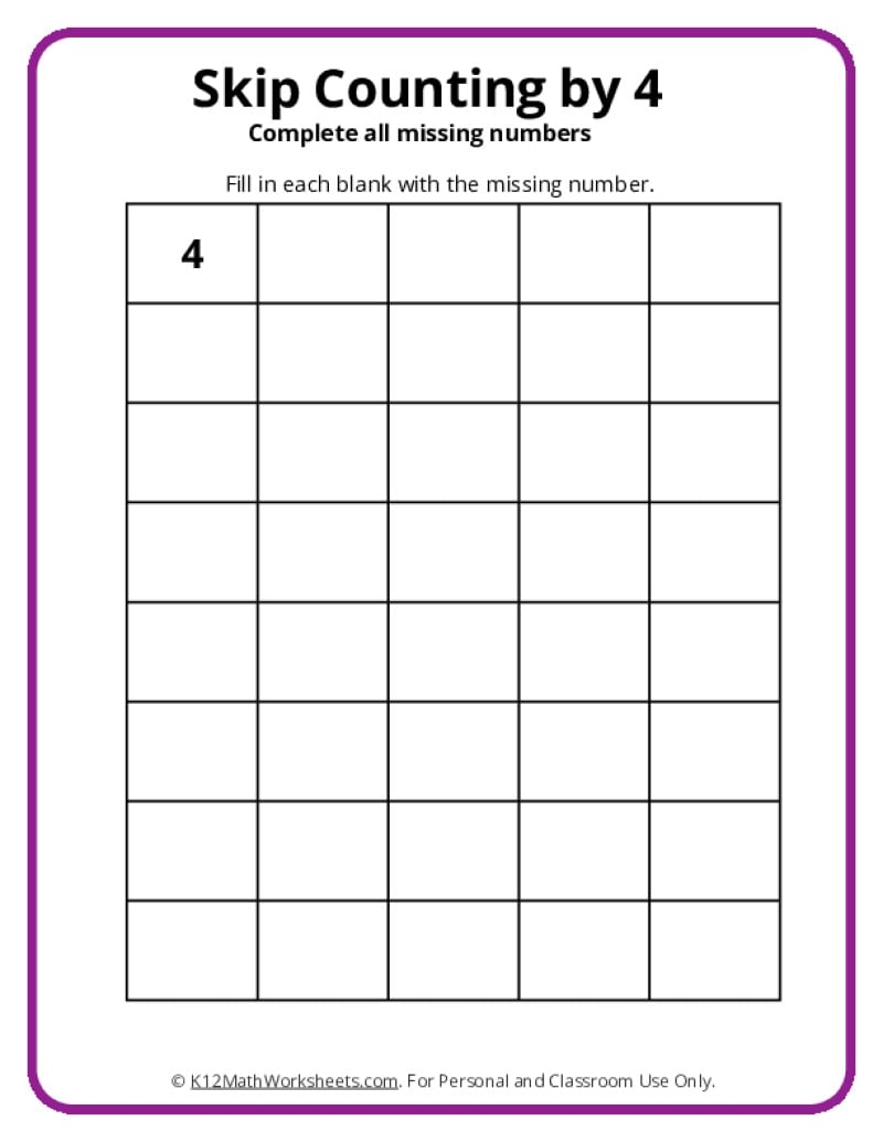 Skip Counting By 4 K12 Math Worksheets Skip Counting By 4 K12 Math Worksheets