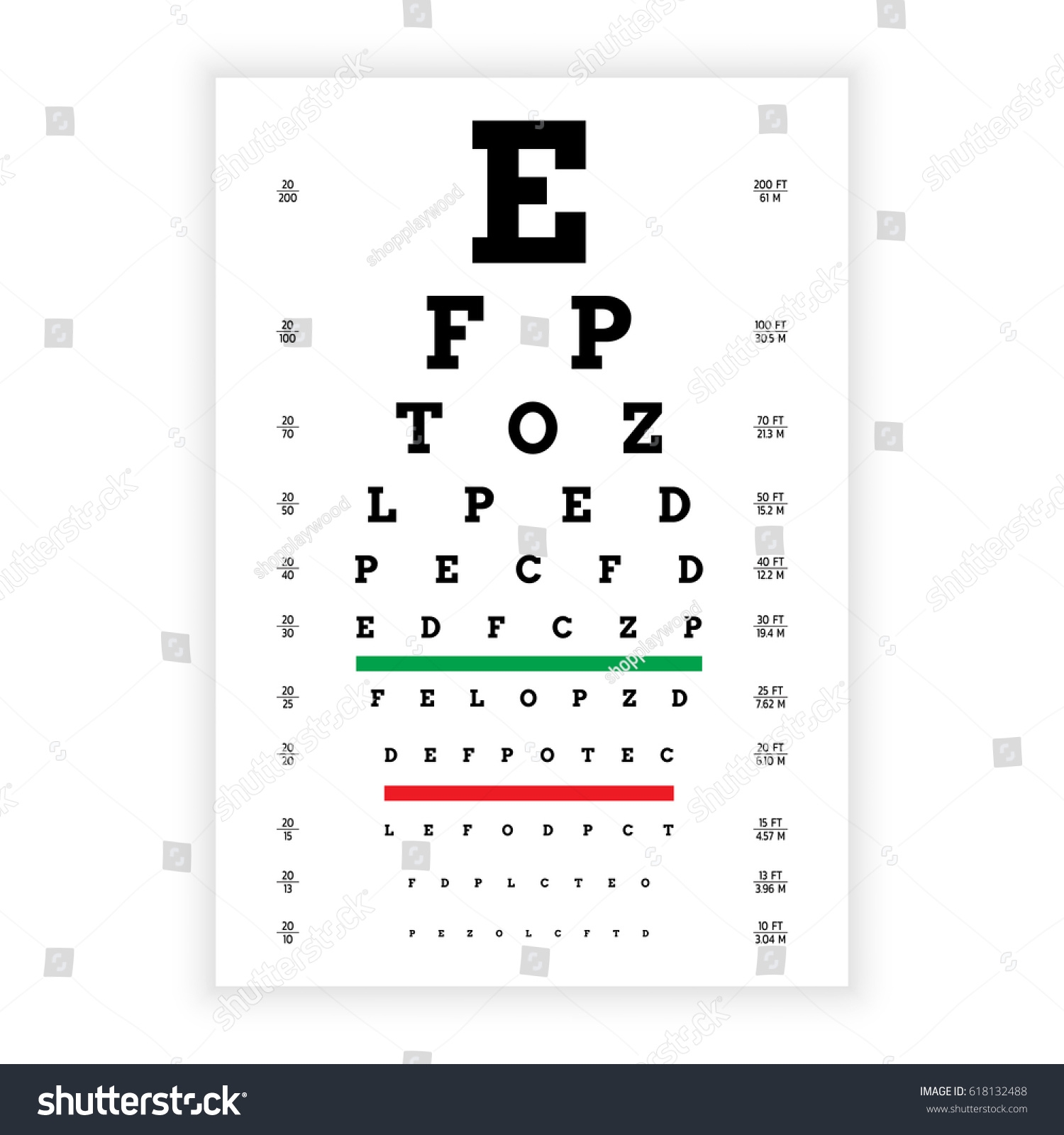 Snellen Eye Chart With Red Green Bars 20 Ft Vision Testing Chart For School Screenings 20 Ft Eye Chart