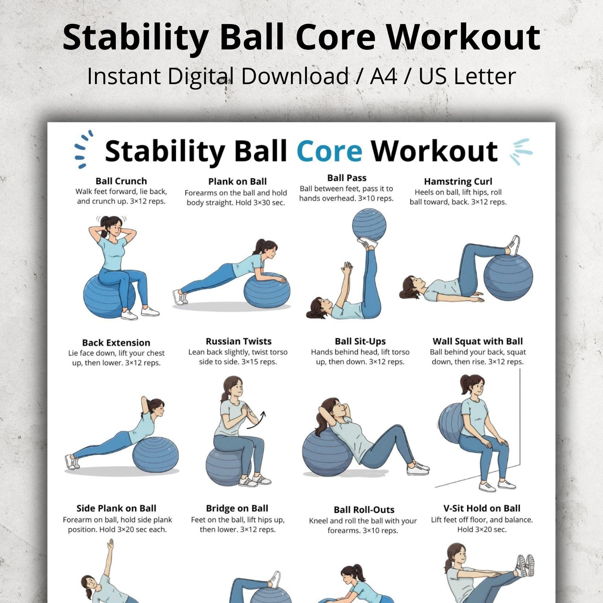 Stability Ball Core Workout Exercise Ball Workout Chart Core Workout Printable PDF Pilates Ball Exercises Wall Art Home Gym Workout Etsy Israel