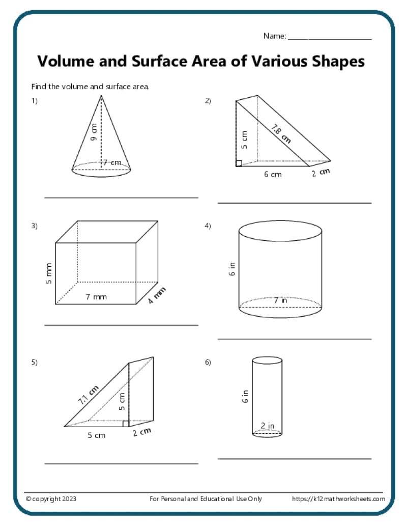 Volume And Surface Area Of Various Shapes K12 Math Worksheets