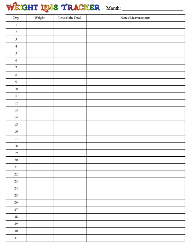 Blank Monthly Weight Loss Chart