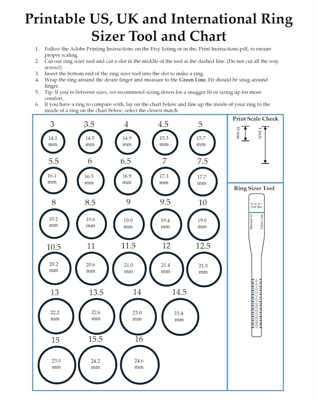 Womens Ring Bering Ring Sizes Printable Ring Sizer Tool US UK International Size Chart PDF