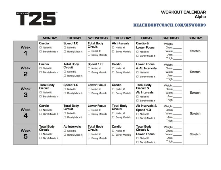Workout Calendar T25 Program Printable T25 Workout Printable Calendar T25 Cardio Workout